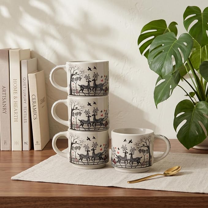 Servo Best Handmade Ceramic Coffee Mugs Set Of 4, 8 Oz Tea Cups with Handle, Drinking Mug Cups for Latte, Tea, Cocoa, Milk, Microwave & Dishwasher Safe Best housewarming Gift set for Men & Women