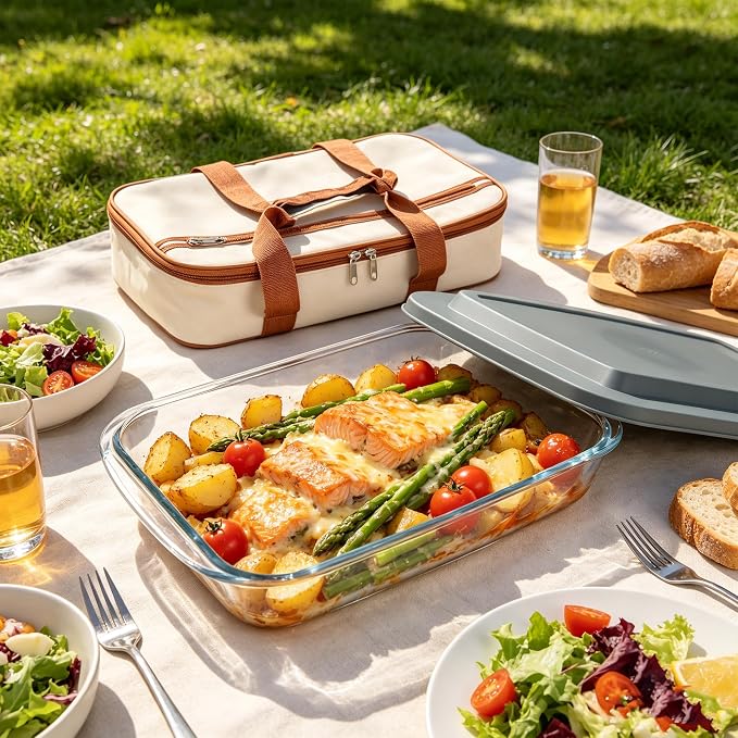 2.3QT Glass Baking Dish With Lid - Glass Casserole With Carrier Insulated Bag For Hot Or Cold Food - Large Casserole Dish For Oven Potluck Party Picnic Cookouts（Beige and brown）