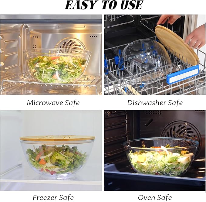 LOVYANXUE 10.6" Glass Salad Bowl with Lid, 4.7 Quart Large Capacity Serving Bowls and Mixing Bowls with Utensils, Versatile Serving Dish for Salads,Fruits,Pasta,Popcorn,Trifle Bowl, Microwave Safe