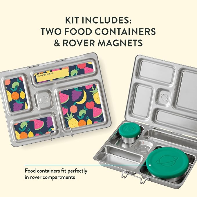 PlanetBox Rover Stainless Steel Bento Box Style Lunch Box Kit for Kids with 5 Compartments – Tutti Frutti Edition includes Insulated Lunch Bag, Leakproof Food Containers and Matching Magnets