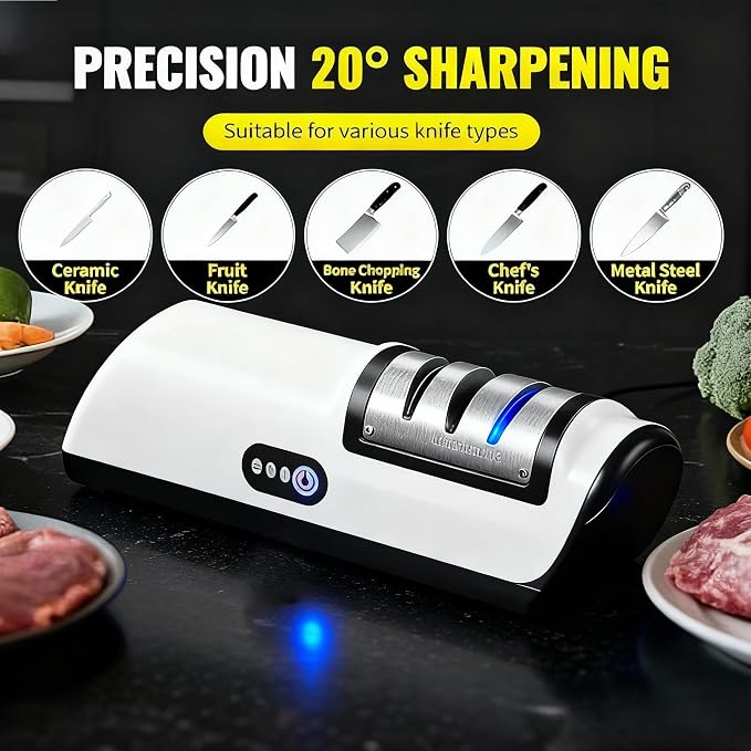 Electric Knife Sharpener with 20° Auto Angle Guide | 2-Stage Diamond Sharpening System | Rechargeable Professional Kitchen Knife Sharpener for Chef, Home & Stainless Steel Knives