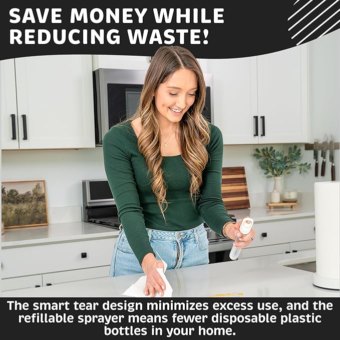 Stainless Steel Paper Towel Holder with Spray Pump – One-Handed Tear, Smart Traction System, 5 oz Sprayer Bottle, Heavy Duty Suction Cups, Weighted Base, Kitchen Towel Dispenser for Countertop Use