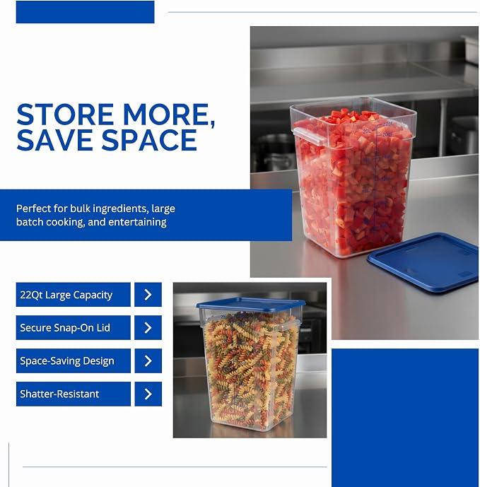 FSE 373-FCWL-22QT Food Container, 22 Qt Square Clear Storage Container with Measurement Markings, Stackable Space-Saving Design, Durable Construction, NSF