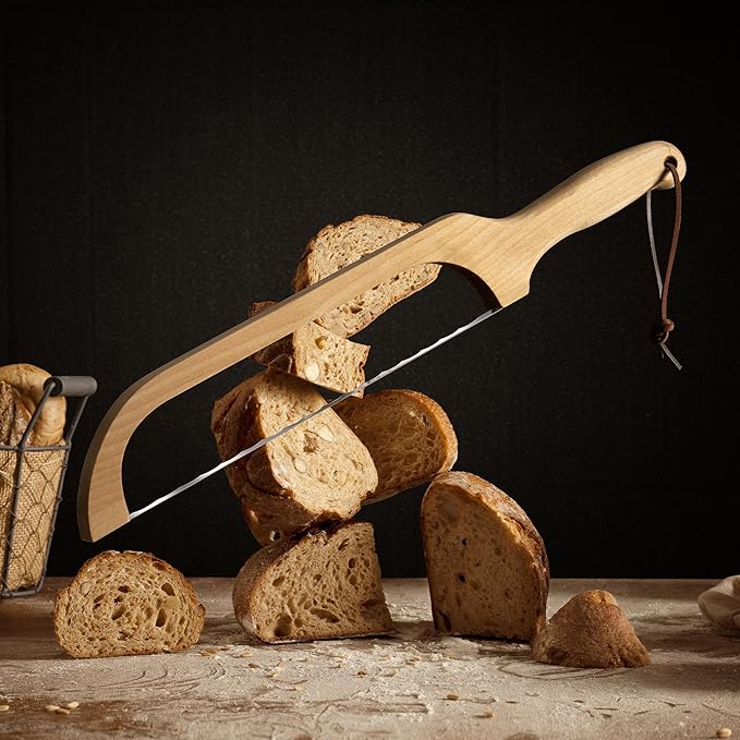 LLOTUS Bread Knife Package Slicer for Sourdough Bread, 16.5" Premium Wooden Bow Design, Premium Stainless Steel Serrated Saw, Cutter for cutting Loaf, Sandwich, Bagels, Homemade Bread (Birch)