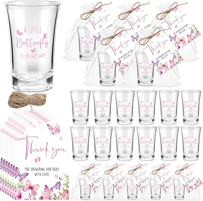 Pickmesh 50 Sets Butterfly Baby Shower Shot Glasses for Guests Include Acrylic a Little Butterfly Is on The Way Shot Glasses Purple Cards Organza Bags for Spring Summer Party Decorations