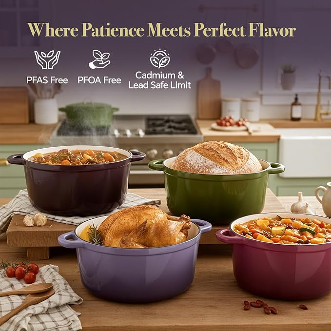 4.5 Quart Dutch Oven Pot with Lid, Non Stick Enameled Cast Iron Dutch Oven for Bread Baking, Heavy-Duty, Oven Safe Ceramic Cookware Up to 500°F for Baking, Braising, Stews, Roasting, Purple