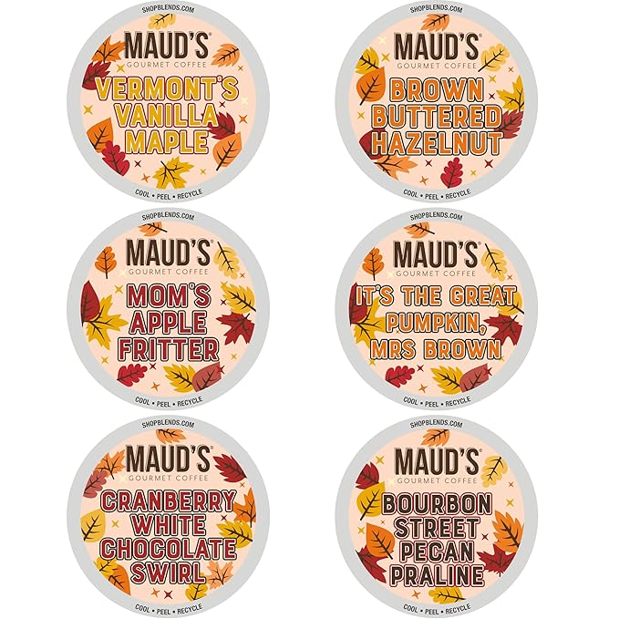 Maud's Fall Flavored Coffee Pods Variety Pack, 42ct, 6 Assorted Flavors, Medium Roast Coffee in Single Serve Pods – 100% Arabica Beans, Compatible with Keurig K Cups Maker