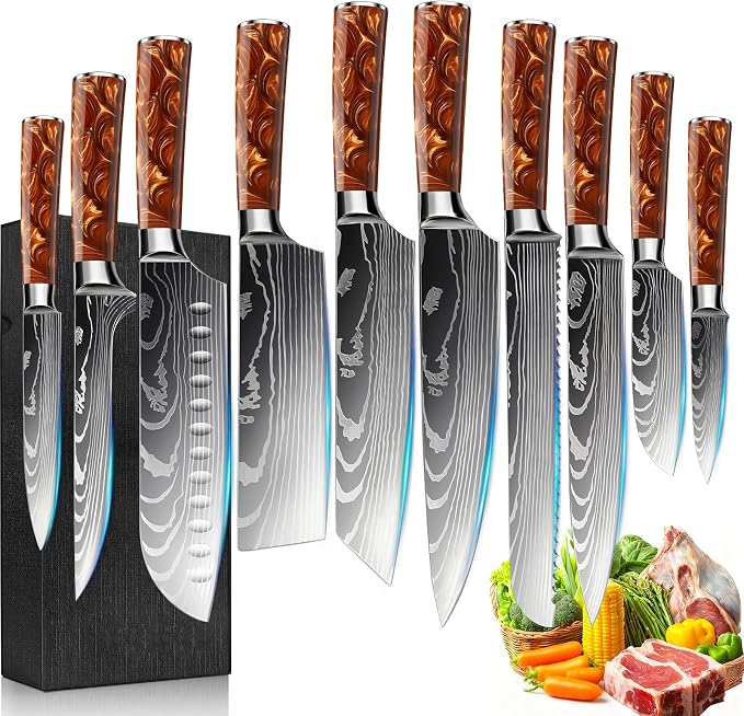 10-Piece Premium Japanese Kitchen Knife Set - Star Collection, Laser Damascus Pattern, 440A Stainless Steel Ultra Sharp for Fast Cutting (Red)