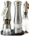 Electric Salt and Pepper Grinder Set - Styled Settings Stainless Steel Salt and Pepper Grinder Set with LED Light, Adjustable Coarseness, Battery Operated, Wood Base