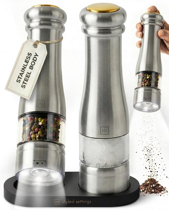 Electric Salt and Pepper Grinder Set - Styled Settings Stainless Steel Salt and Pepper Grinder Set with LED Light, Adjustable Coarseness, Battery Operated, Wood Base