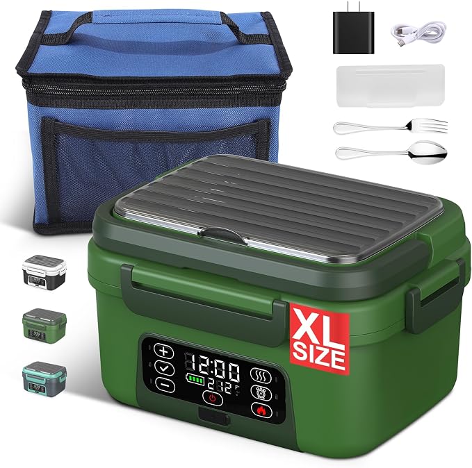 Cordless Electric Heated Lunch Box, 1.5L - 6.3 Cups 100W Rechargeable Smart Self-Heating Food Warmer with Removable Divider, Spoon, Fork, BPA Free, Portable Lunchbox for Car Travel Office Deep Green