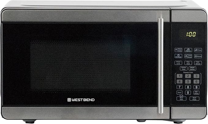 West Bend Microwave Oven 700-Watts Countertop Footprint with 6 Pre Cooking Settings, Speed Defrost, Electronic Control Panel and Glass Turntable Perfect for Small Spaces, 0.7-Cu.Ft., Stainless Steel