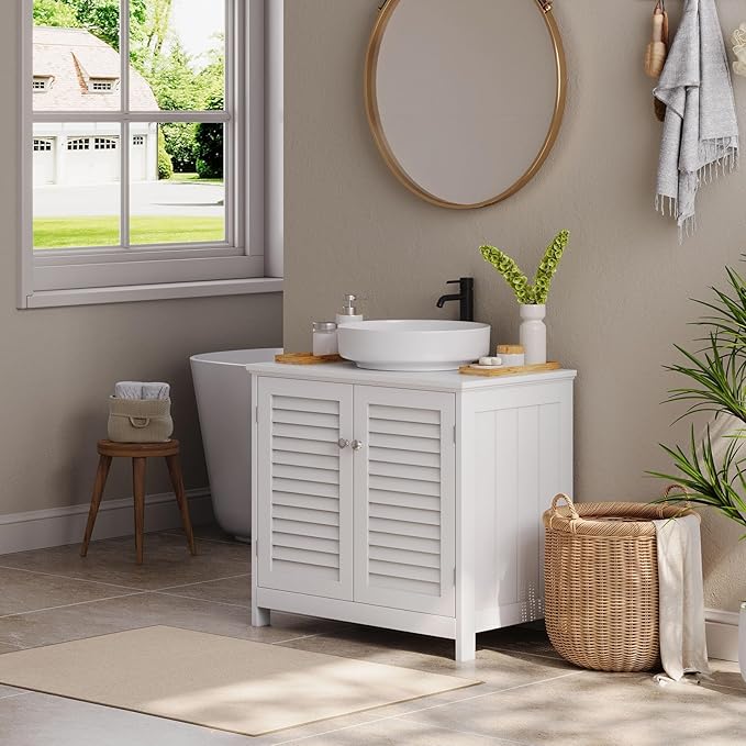 U-Shaped Pedestal Sink Storage Cabinet with 2 Doors & Shelf, Freestanding Bathroom Vanity Organizer Under Sink, 60cm Wide MDF Cupboard for Toiletries & Cleaning Supplies, White