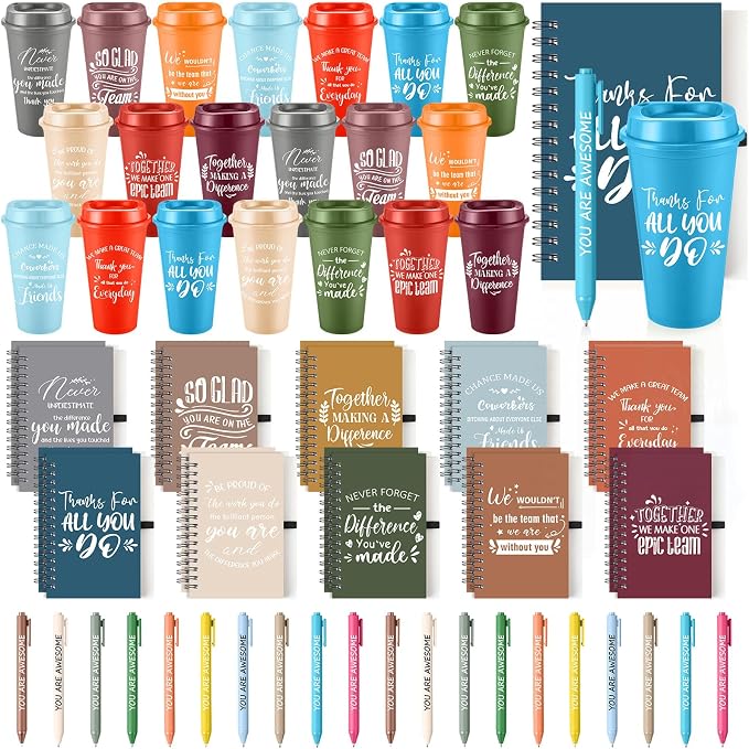 Teenyyou 60 Pcs Employee Appreciation Gift Set, 16oz Tumbler with Lid Notebook Pen Bulk Thank You Gift Holiday Party Favor for Teachers Office Coworker Teacher Staff Team (Fresh Color,Elegant Style)
