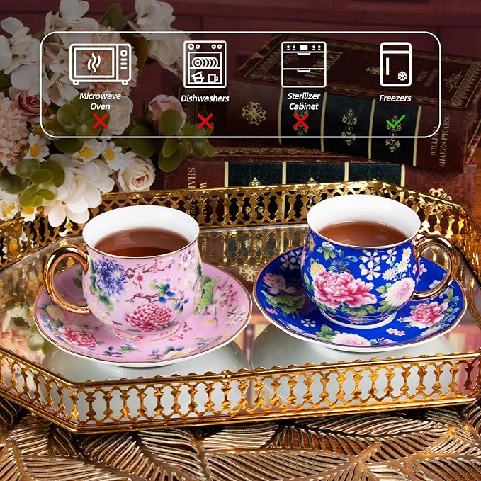 KAMMAK Tea Cups and Saucers Set of 2, Porcelain Coffee Cups, 8oz Stackable Espresso Mugs, Ceramic Demitasse for Coffee, Latte, Americano, Tea (939N+943N)