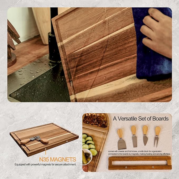 Large Magnetic Charcuterie Board Set 26x13 Inch - Acacia Wood Cheese & Serving Tray with 4 Color-Coded Cutting Mats, Juice Grooves - Modular Design for No-Mess Entertaining, Wedding Gifts