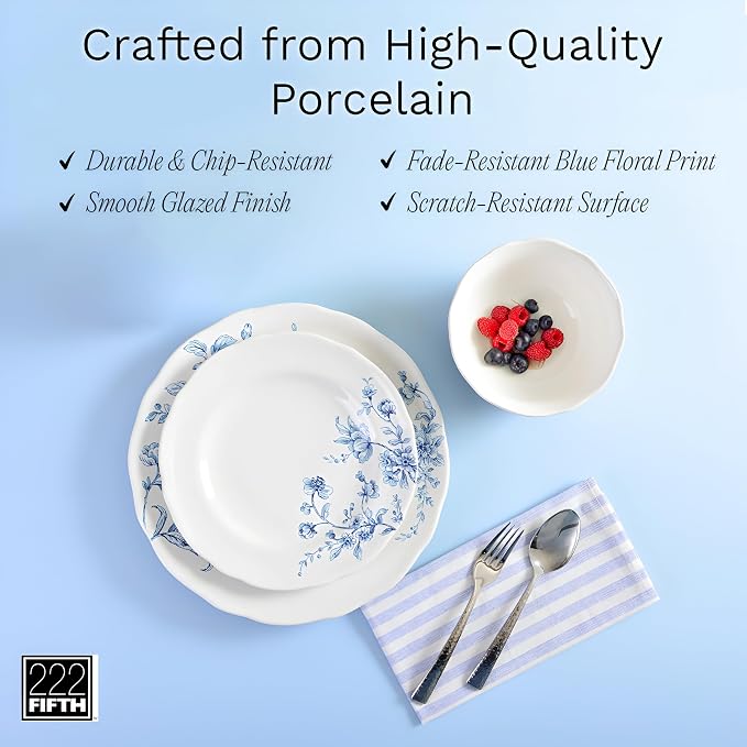 222 Fifth 12-Piece Porcelain Dinnerware Set for 4, White & Blue Plates and Bowls Set, Glossy Ceramic Dish Set with Beautiful Floral Design, Elegant Kitchen Dishes, Microwave & Dishwasher Safe, Bellamy
