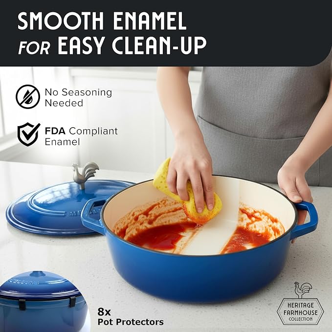 MUELLER HOME 5.5 Quart Enameled Cast Iron Oval Dutch Oven w Rooster Knob & Cotton Potholders, Heavy-Duty Cookware, Oven-Safe up to 500° F & Across All Cooktops, Gifts for Grandma & Women, Aqua Blue