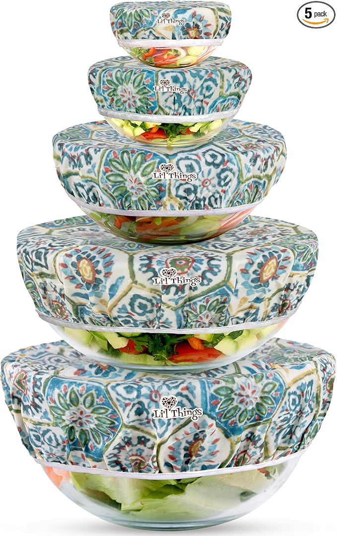 Beeswax Bowl Covers Set of 5 (XS–XL) – Reusable Elastic Food Covers for Bowls – Organic Cotton with Beeswax, Washable & Plastic-Free | Li’l Things - Suzani