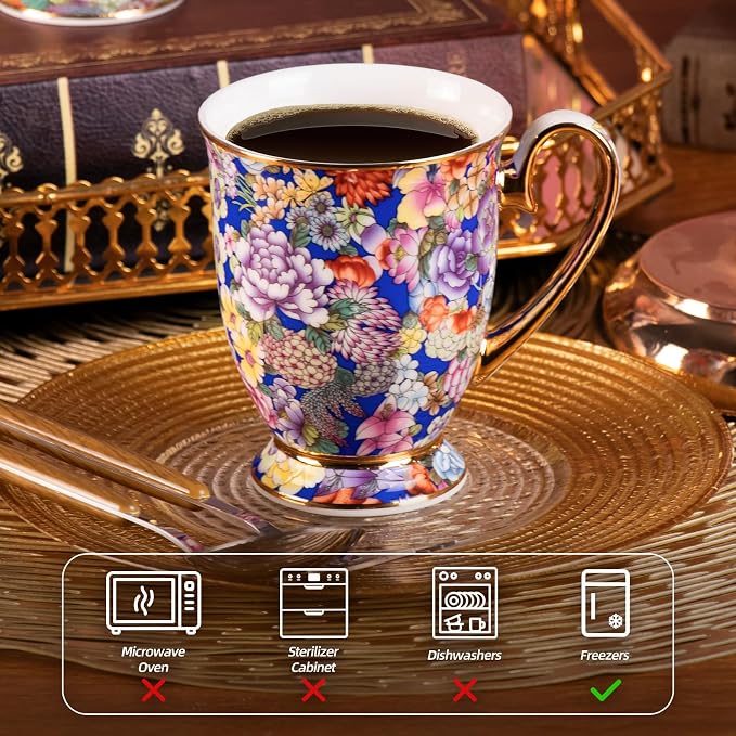 KAMMAK Ceramic Teacups - 350ml/11.8oz Coffee Cup - Set of 2 Hand-Painted Ceramic Cups - Small Vintage Mate Cup - Cute Mugs for Women - Ideal for Birthday, Afternoon Tea & Housewarming Gifts