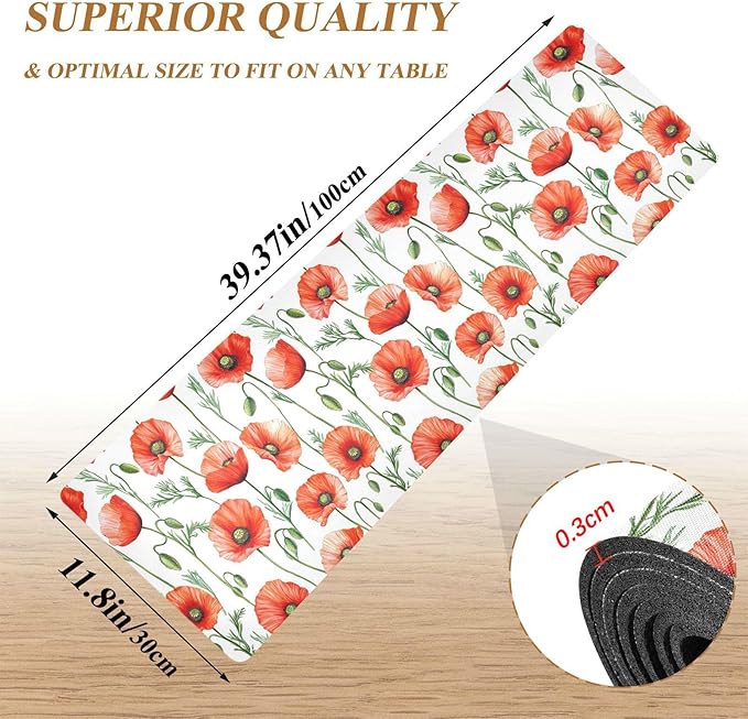 Red and White Poppy Flowers Trivet Table Runner Heat Resistant 230F for Hot Dishes Pots Plates Kitchen Dining Table Protector Decorative 39.37 X 11.8 Inch