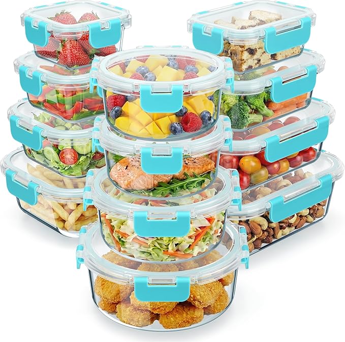 Emporio Kitchen Borosilicate Glass Food Storage Containers with Lids 24 Pieces, BPA-Free Stackable Lunch & Leftover Containers, Microwave, Freezer & Dishwasher Safe, 100% Airtight Leak-Proof, Aqua