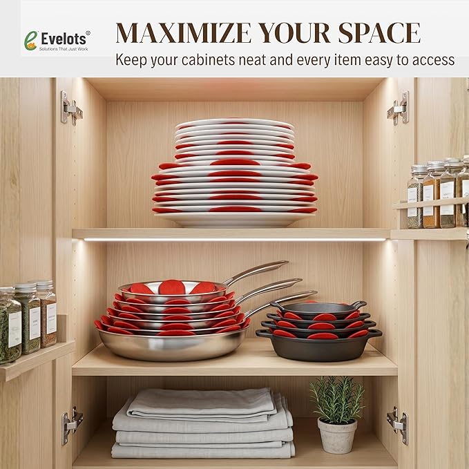 Evelots Pot and Pan Scratch Protectors for Stacking -12 Pack- Ceramic, Glass Cookware Divider, Nonstick Pad -Soft Anti-Slip Felt Separator - No Scratching or Marring When Stacking - 3 Convenient Sizes