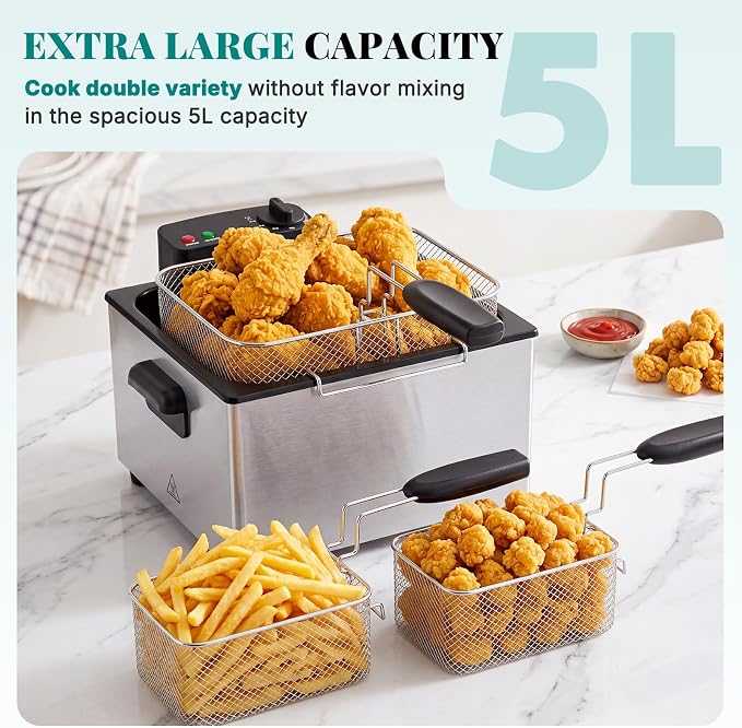 OLIXIS Deep Fryer for Home Use, Large Electric Fryer with 3 Blankets, 5 Liter Capacity, 1800W Power, 4 Adjustable Temp, Lid with Viewing Window for Fried Chicken, Shrimp, French Fries, Silver