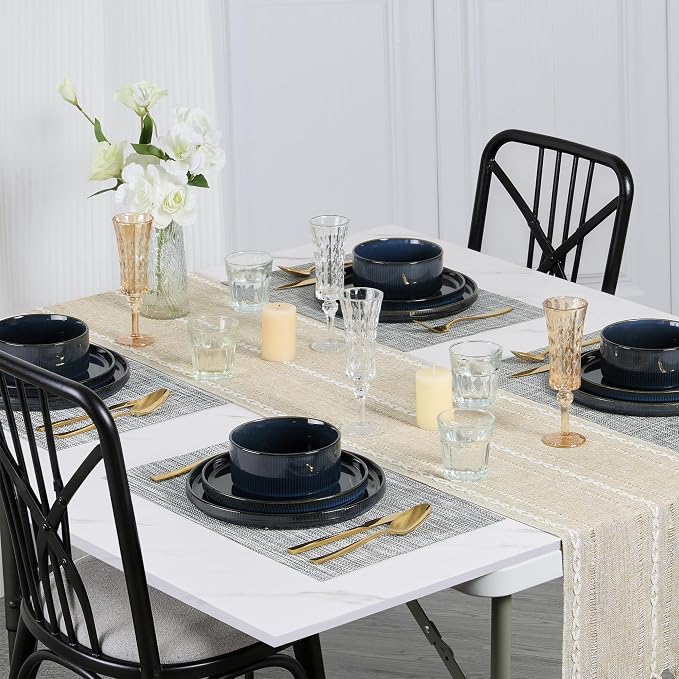 E-far Stoneware Dinnerware Sets, 18-Pieces Plates and Bowls Sets, Chip & Scratch Resistant Ribbed Dishes Set for 6, Modern Kitchen Dinning Porcelain, Dishwasher & Microwave Safe, Midnight Blue