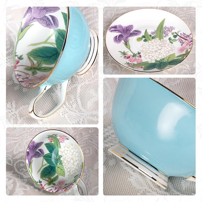 KAMMAK Tea Cups and Saucers Set of 2, Porcelain Coffee Cups, Stackable Espresso Mugs, Ceramic Demitasse for Coffee, Cappuccino, Latte, Americano, Tea, Peony + Hydrangea