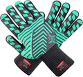 J H Heat Resistant Oven Glove:EN407 Certified 932 °F, 2 Layers Silicone Coating, Oven Mitts for Cooking, Kitchen, Fireplace,Camping, Grilling (Black/Green, Regular Cuff)