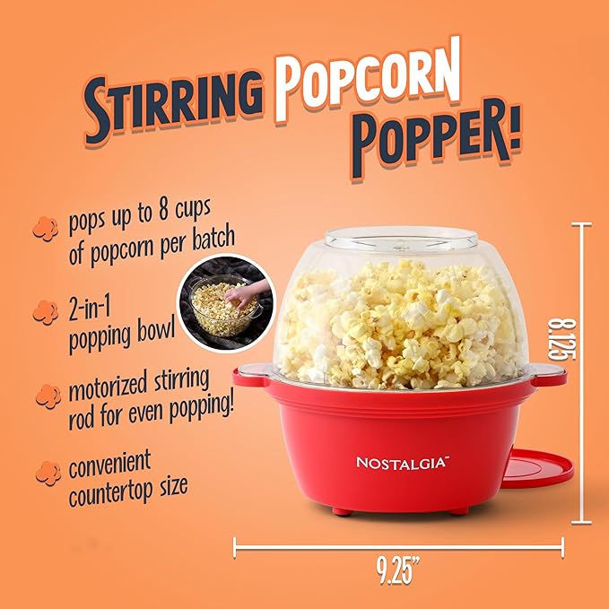 Nostalgia Electric Non-Stick Stirring Popcorn Machine with Hot Oil- Easy-To-Clean Popcorn Popper with Dual-Use Bowl & Cool-Touch Handles- Popcorn Maker for 8 Cups of Theater Style Popcorn- Red