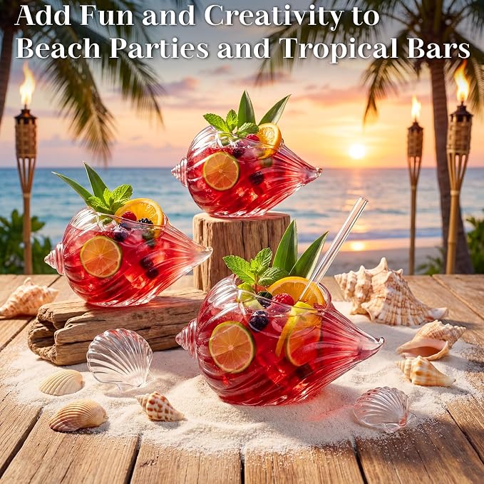 4 Set Seashell Tiki Glasses, 11.8 oz Seashell Cocktail Glasses with Straws Clear Funny Whiskey Drinks Tumbler Unique Wine Mugs for Ocean Themed Bars Beach Party Wedding Home Decor