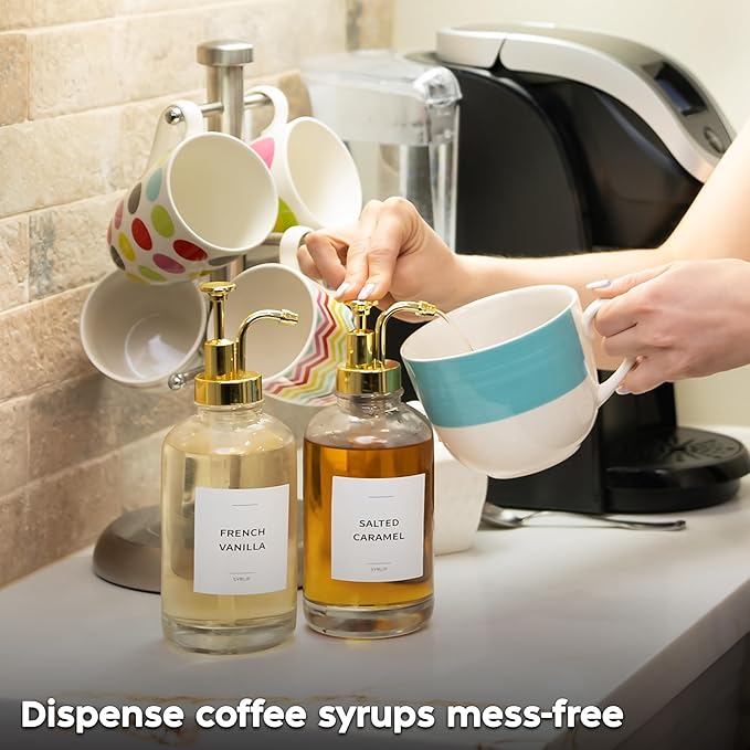 Spaceneat Coffee Syrup Dispenser with Pump - Includes 24 Flavor Labels - Glass Syrup Dispenser for Coffee Bar - Elevate your Beverage Station with 16.9 fl oz Flavoring Container Bottles, 2pcs, Gold | with Pump, for Coffee Bar