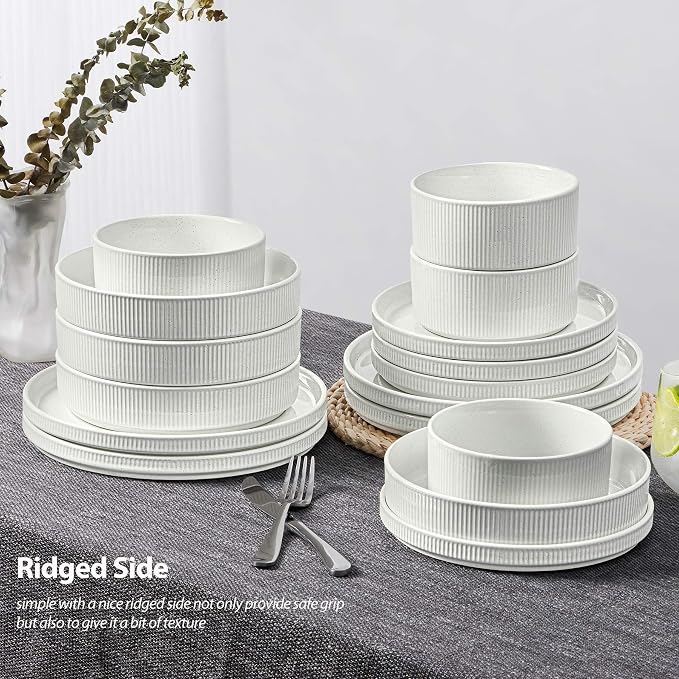 LIANYU Dinnerware Sets with Pasta Bowls for 4, 16 Piece Stoneware Plates and Bowls Set, Ribbed Dishes Dishware for Home Kitchen, Microwave and Dishwasher Safe, Speckled White