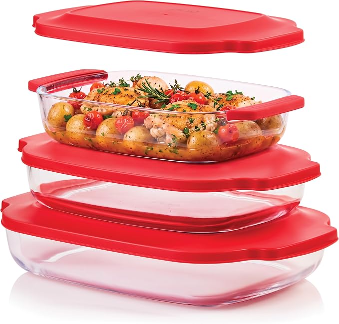 6-Piece Deep Glass Baking Dishes with Plastic Lids, Clear Glass Bakeware with Silicone Handles, (2.11QT, 3QT, 4.12QT) Casserole Dishes, Oven Dishwasher and Freezer safe, Rectangular Stackable Nesting Baking Dish set (Red)
