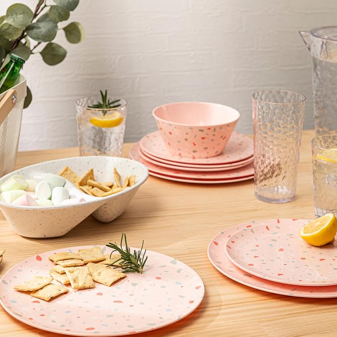 Bzyoo 12-Piece Melamine Dinnerware Set - Confetti Pink Plates and Bowl Lightweight BPA-Free Dishwasher Safe Dish Set for Indoor & Outdoor Use - Perfect for Camping, BBQs, Kids Parties