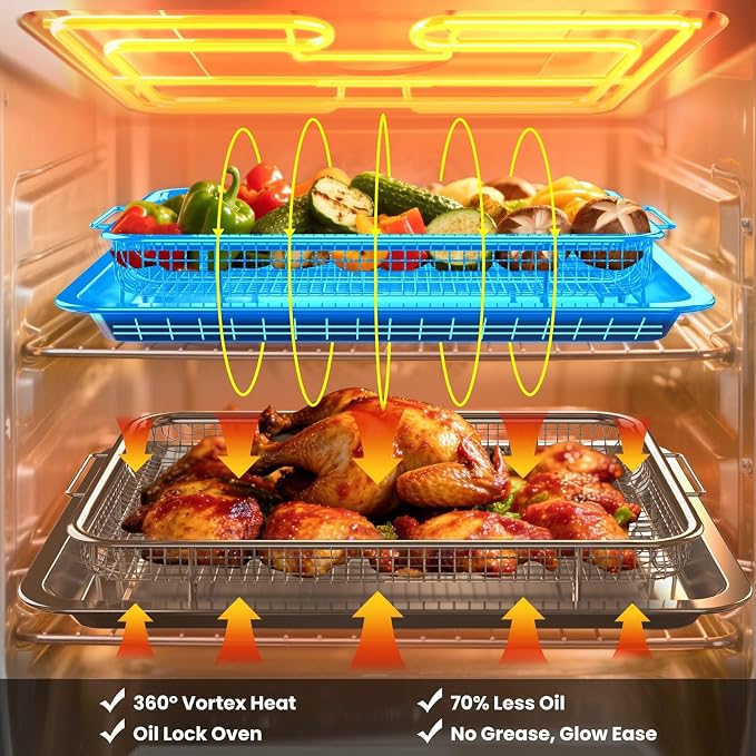 304 Stainless Steel Air Fryer Basket for Oven 2 Pack Crisper Tray Mesh Set | 2 sizes fit 16 wings/6 burgers, compatible with Frigidaire/Samsung oven, 304 steel non-stick mesh, dishwasher safe, 60 papers