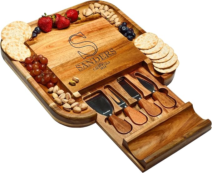 Picnic at Ascot Personalized Engraved Acacia Cheese/Charcuterie Cutting Board with Knife Set & Cheese Markers- Designed & Quality Checked USA
