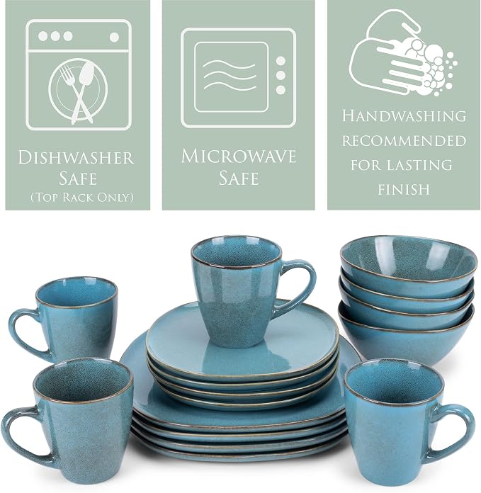 Elanze Designs 16-Piece Modern Luxury Chic Smooth Vintage Handmade Shape High Gloss Ceramic Stoneware Square Plate Mug & Bowl Kitchen Dinnerware 16 Piece Set - Service for 4, Turquoise
