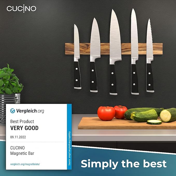 CUCINO Magnetic Knife Holder for wall, 16" no drilling required, includes self-adhesive tape, extra strong for holding knives – Awarded magnet strip – Acacia