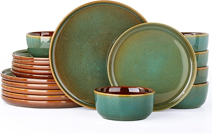 GBHOME Dinnerware Sets for 4, 12 Pieces Stoneware Plates and Bowls Sets, Scratch Resistant Dishes, Dishwasher & Microwave Safe, Rustic Reactive Glaze-Brown Green