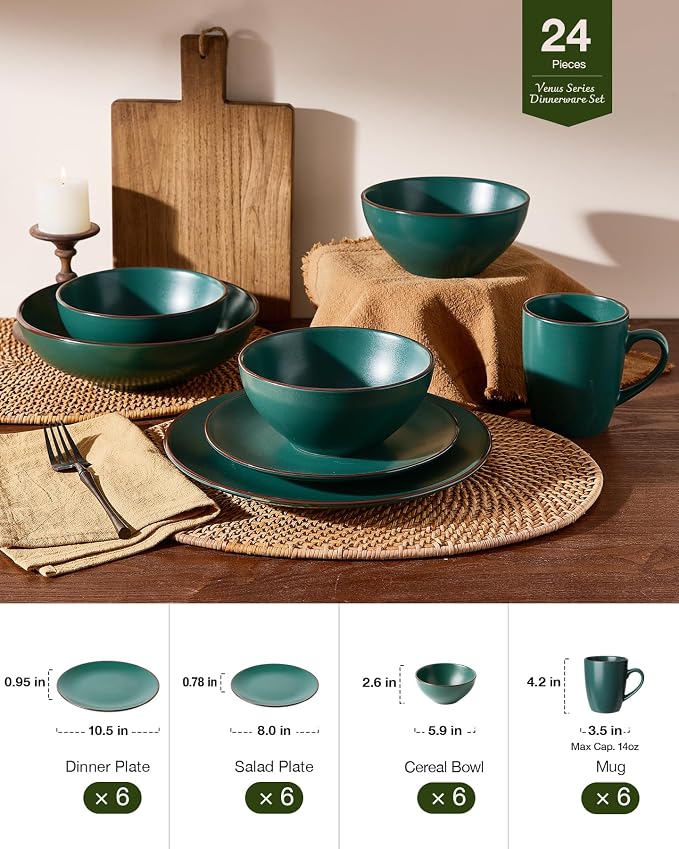 Famiware Venus 24-Piece Stoneware Dinnerware Sets with Mugs, Plates, Bowls, Service for 6, Matte Dark Green - Modern Ceramic Chip‑Resistant Dishes for Everyday & Formal, Microwave & Dishwasher Safe