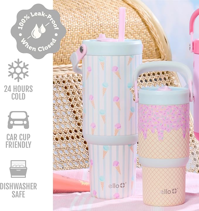 Ello Oasis Go 14oz Stainless Steel Kids Tumbler with Top Handle & Retracting Straw, 100% Leakproof, Double-Wall Vacuum Insulated, Kids Water Bottle for School, BPA Free, Dishwasher Safe, A La Mode