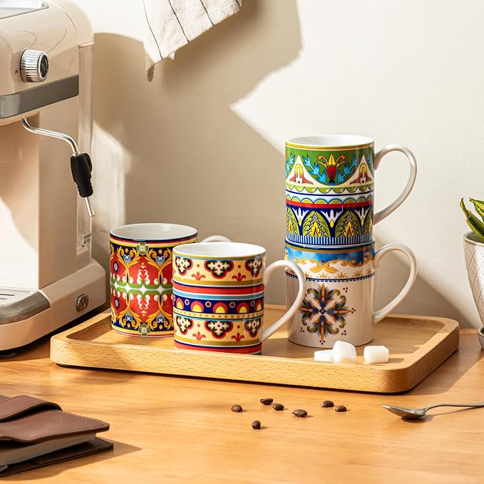 UNICASA Ceramic Coffee Mug Set of 4, 10 oz Colorful Cups with Handle, Boho Style for Latte, Cappuccino, Cocoa, Microwave & Dishwasher Safe