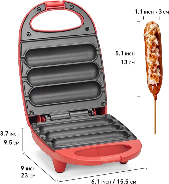 SugarWhisk Electric Corn Dog Maker, Fryer for 3 Mini Corn Dogs on Stick, Cheese Mozzarella Sticks & Treats, Corndog Maker Machine, Hot Dog Machine, Brush Included, Red