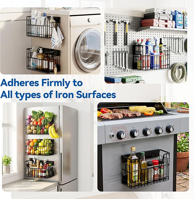 3PCS Magnetic Shelves for Fridge, Strong Metal Magnetic Fruit Vegetable Basket Kitchen Storage Fridge Organizer for Potato & Onion, Fully Assemble