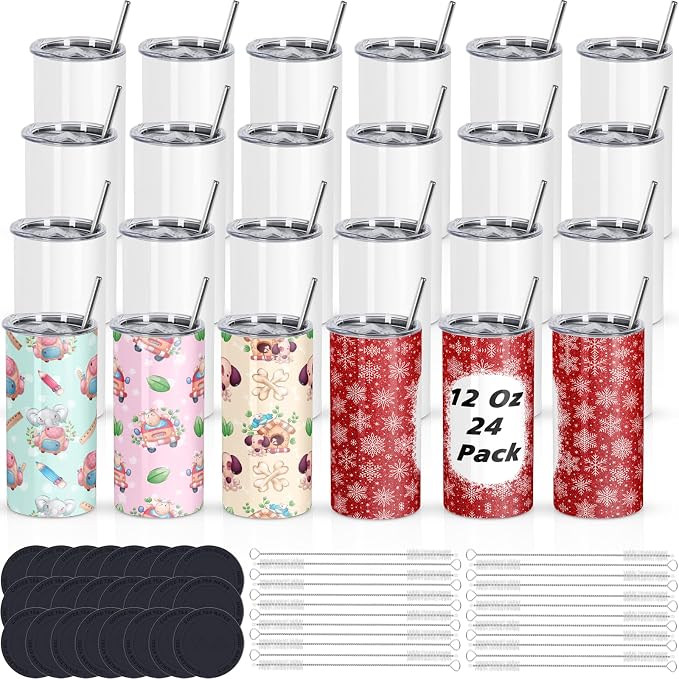 Draheri 12 Oz Sublimation Tumblers Blanks Bulk, Sublimation Cups for Kid with Straw and Brush, Stainless Steel Double Wall Insulated Mugs, Individually Boxed (24 Pack)