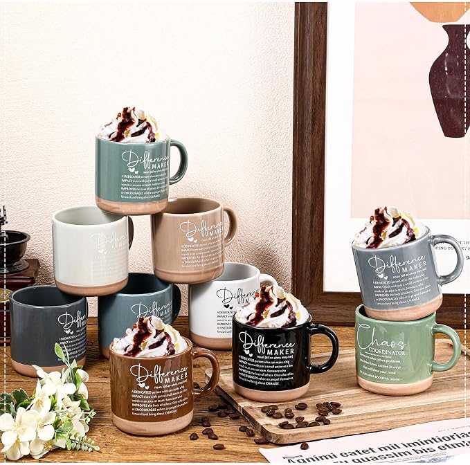 Didaey 10 Pcs Difference Maker Appreciation Gifts Bulk Inspirational Ceramic Coffee Mugs 13 oz Thank You Mug Housekeeping Appreciation Gifts for Teacher Boss Leader Office Coworker Staff, 10 Colors