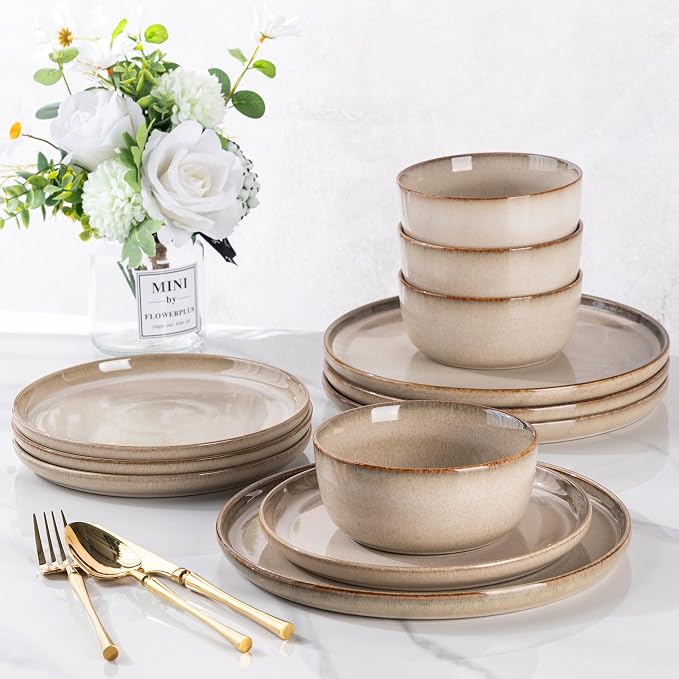 GBHOME Dinnerware Sets for 8, 24 Pieces Stoneware Plates and Bowls Sets, Scratch Resistant Dishes, Dishwasher & Microwave Safe, Reactive Glaze